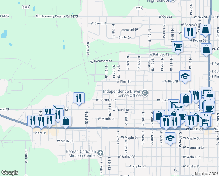map of restaurants, bars, coffee shops, grocery stores, and more near 1201 West Pine Street in Independence