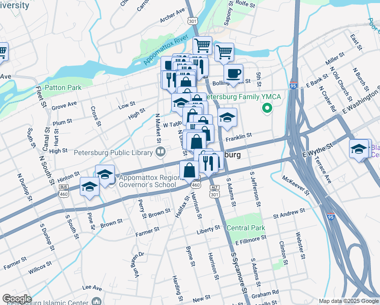 map of restaurants, bars, coffee shops, grocery stores, and more near 15 North Union Street in Petersburg