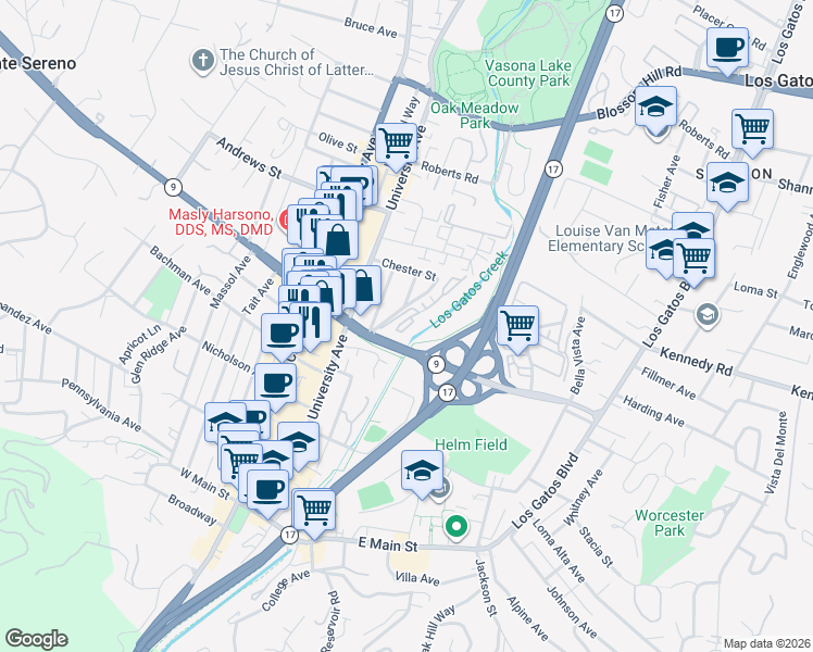 map of restaurants, bars, coffee shops, grocery stores, and more near 135 Creekside Village Drive in Los Gatos