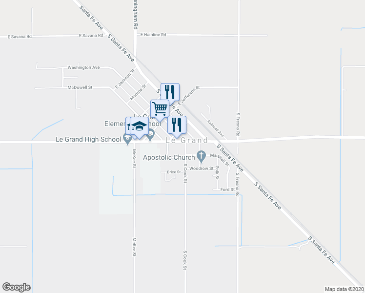 map of restaurants, bars, coffee shops, grocery stores, and more near 13208 East Le Grand Road in Le Grand