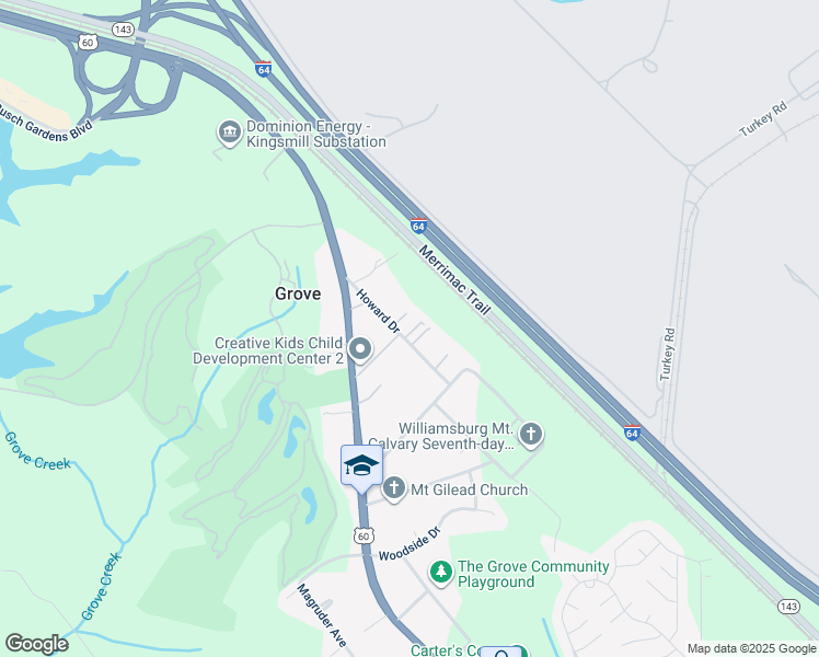 map of restaurants, bars, coffee shops, grocery stores, and more near 127A Howard Drive in Williamsburg