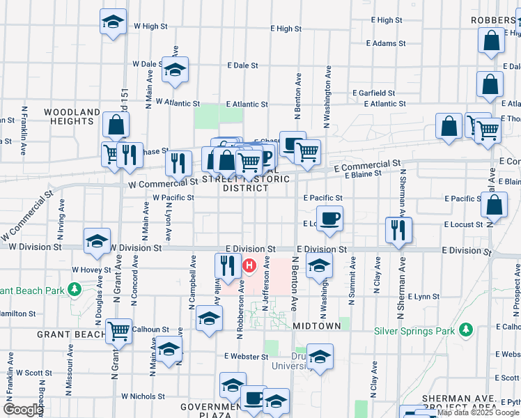 map of restaurants, bars, coffee shops, grocery stores, and more near 1639 North Jefferson Avenue in Springfield