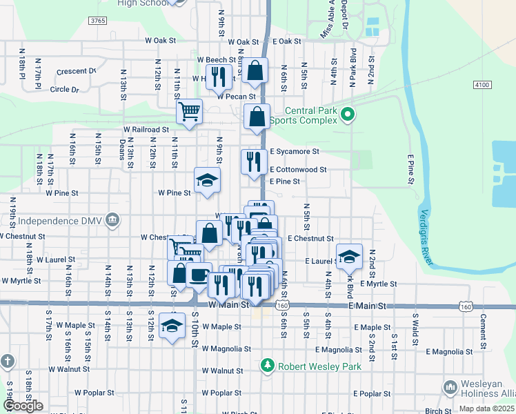 map of restaurants, bars, coffee shops, grocery stores, and more near 598 N 8th St in Independence