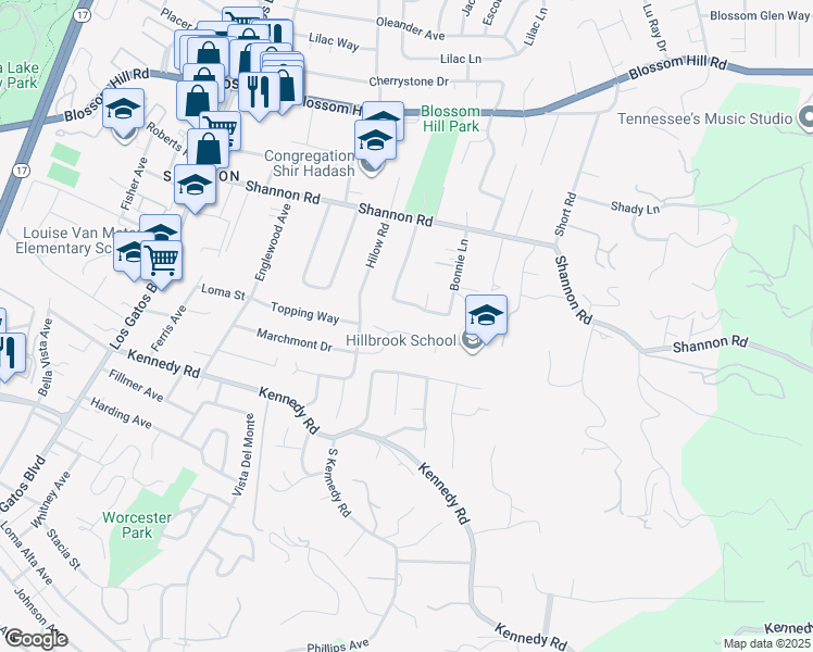 map of restaurants, bars, coffee shops, grocery stores, and more near 247 Marchmont Drive in Los Gatos