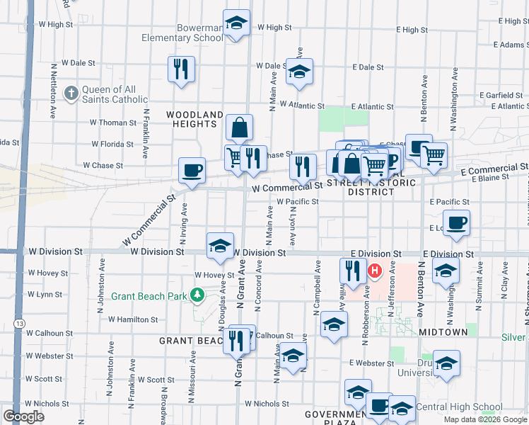 map of restaurants, bars, coffee shops, grocery stores, and more near 612 West Pacific Street in Springfield