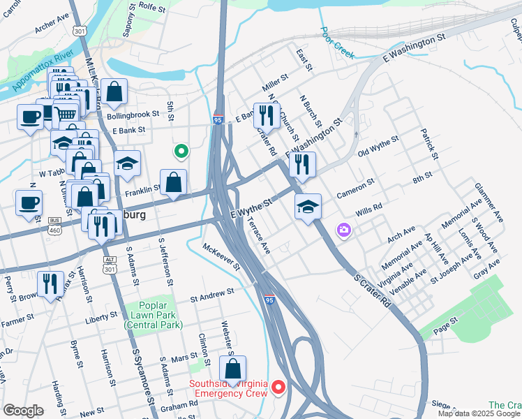 map of restaurants, bars, coffee shops, grocery stores, and more near 518 East Wythe Street in Petersburg