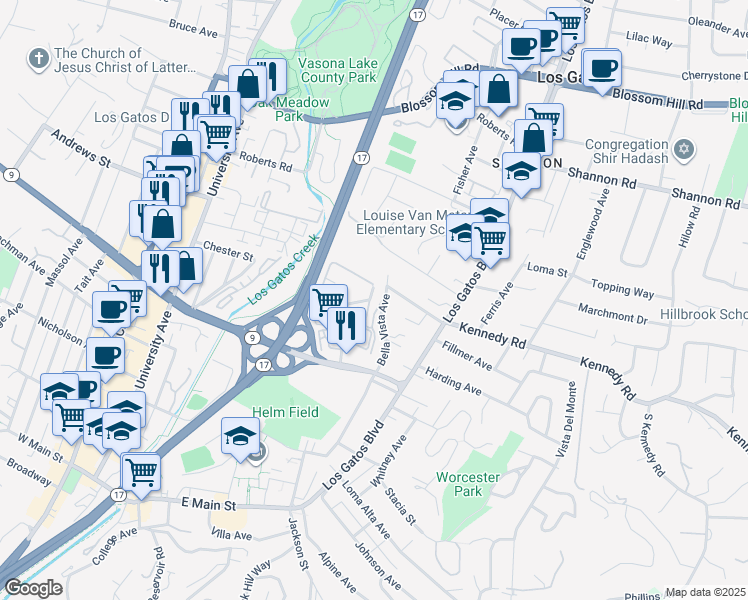 map of restaurants, bars, coffee shops, grocery stores, and more near 198 Cuesta De Los Gatos in Los Gatos