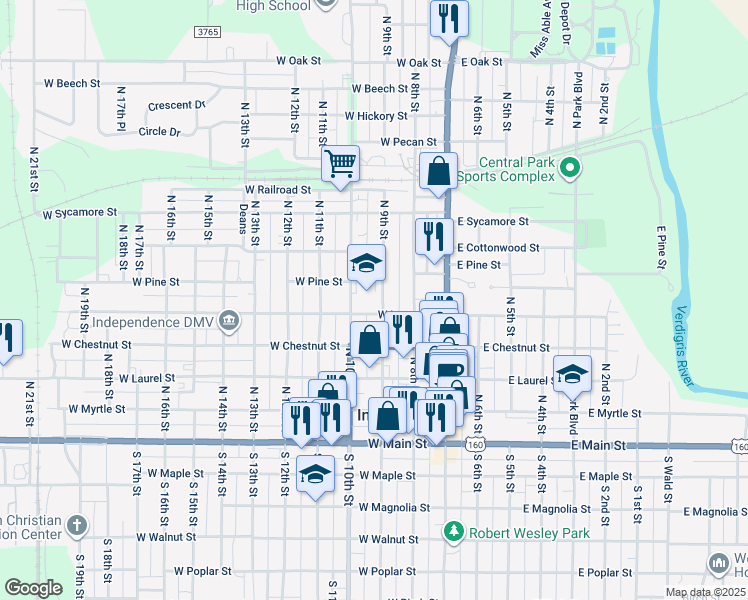 map of restaurants, bars, coffee shops, grocery stores, and more near 300 West Locust Street in Independence