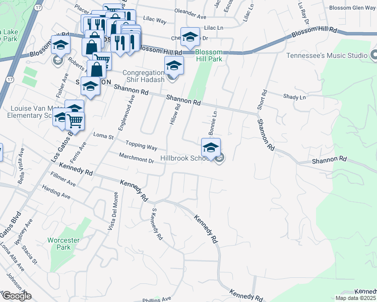 map of restaurants, bars, coffee shops, grocery stores, and more near 247 Marchmont Drive in Los Gatos