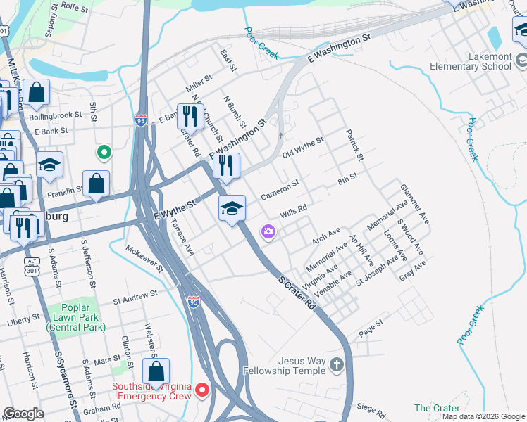 map of restaurants, bars, coffee shops, grocery stores, and more near 808 Cameron Street in Petersburg