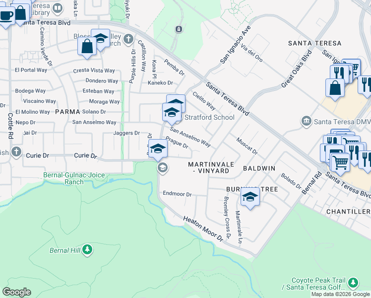 map of restaurants, bars, coffee shops, grocery stores, and more near 221 Prague Drive in San Jose
