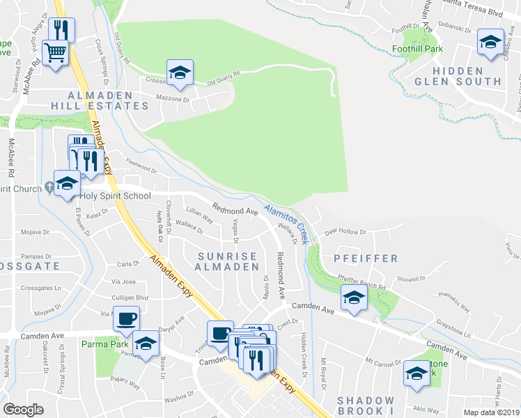 map of restaurants, bars, coffee shops, grocery stores, and more near 1017 Redmond Avenue in San Jose