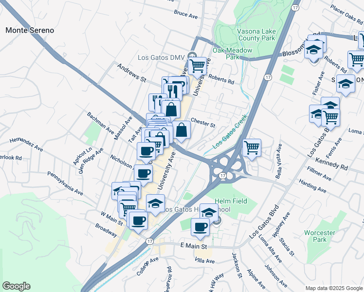 map of restaurants, bars, coffee shops, grocery stores, and more near 471 Wraight Avenue in Los Gatos