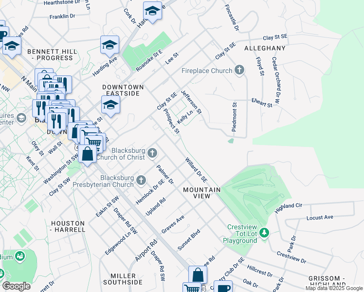 map of restaurants, bars, coffee shops, grocery stores, and more near 606 Willard Drive Southeast in Blacksburg