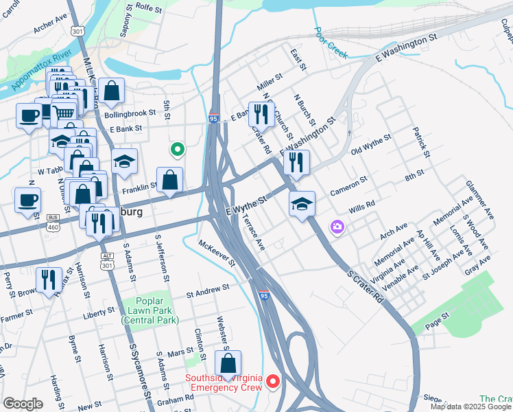 map of restaurants, bars, coffee shops, grocery stores, and more near 518 East Wythe Street in Petersburg