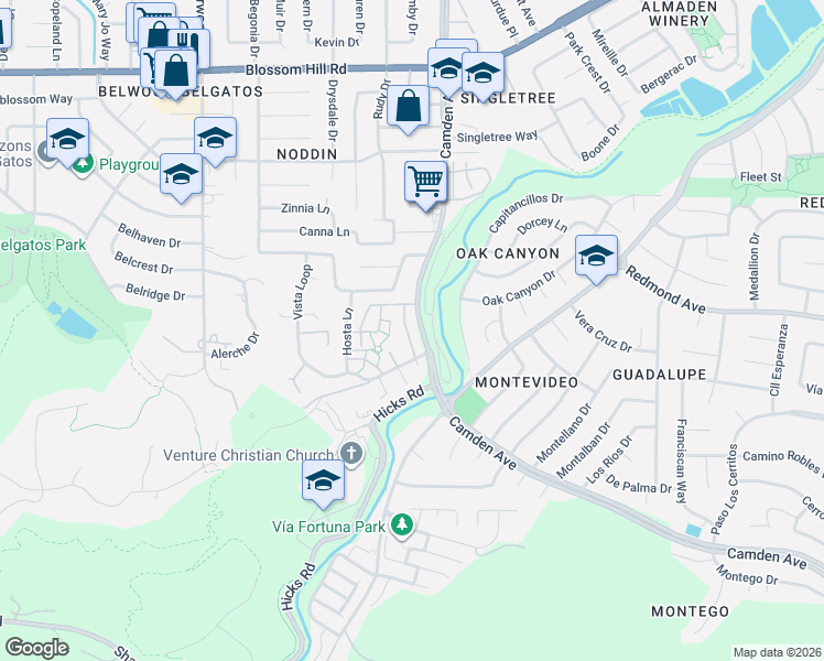 map of restaurants, bars, coffee shops, grocery stores, and more near 6046 Calle De Rico in San Jose