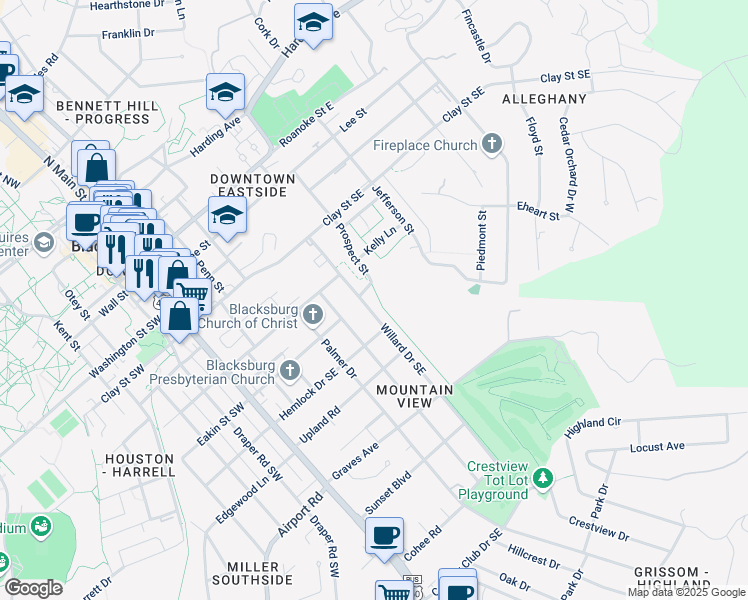 map of restaurants, bars, coffee shops, grocery stores, and more near 606 Willard Drive Southeast in Blacksburg