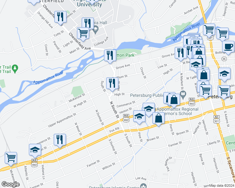 map of restaurants, bars, coffee shops, grocery stores, and more near 701 High Street in Petersburg