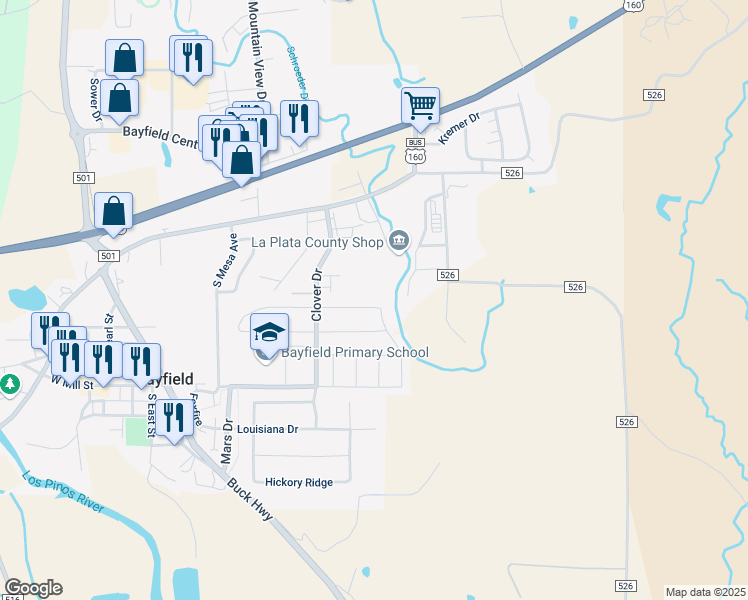 map of restaurants, bars, coffee shops, grocery stores, and more near 727 Lupine in Bayfield