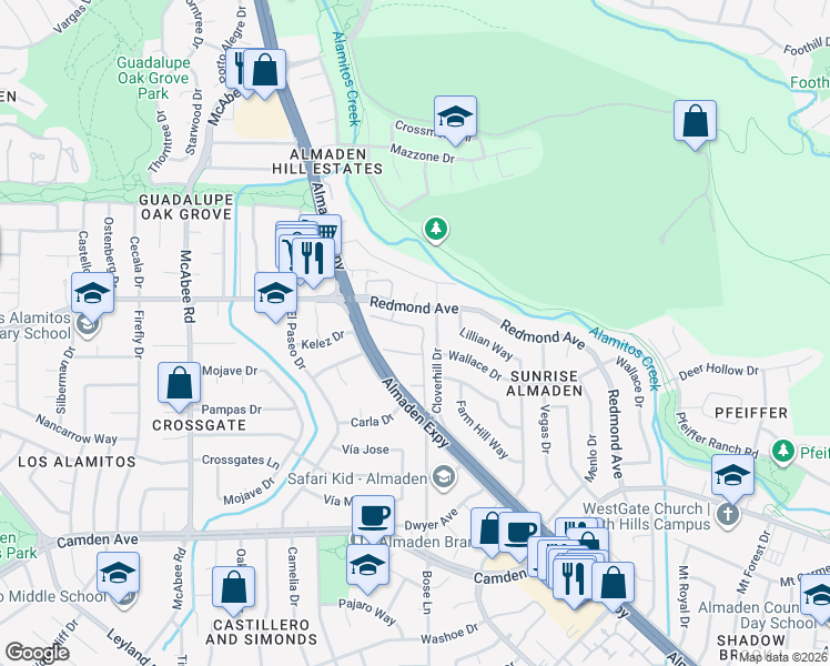 map of restaurants, bars, coffee shops, grocery stores, and more near 1108 Holly Oak Circle in San Jose