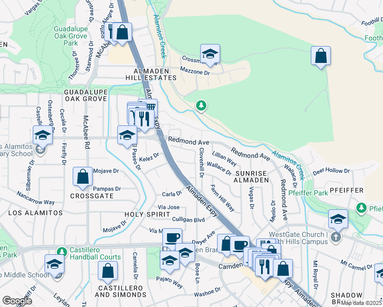 map of restaurants, bars, coffee shops, grocery stores, and more near 1108 Holly Oak Circle in San Jose