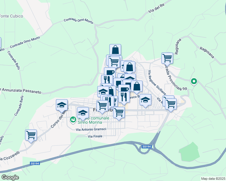 map of restaurants, bars, coffee shops, grocery stores, and more near 68 Via Aurelio Saffi in Francofonte