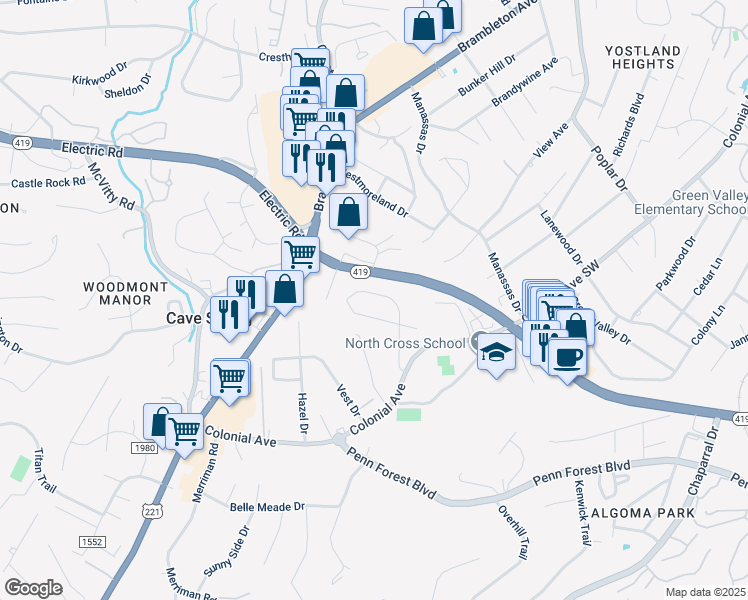 map of restaurants, bars, coffee shops, grocery stores, and more near 4531 Girard Drive in Cave Spring