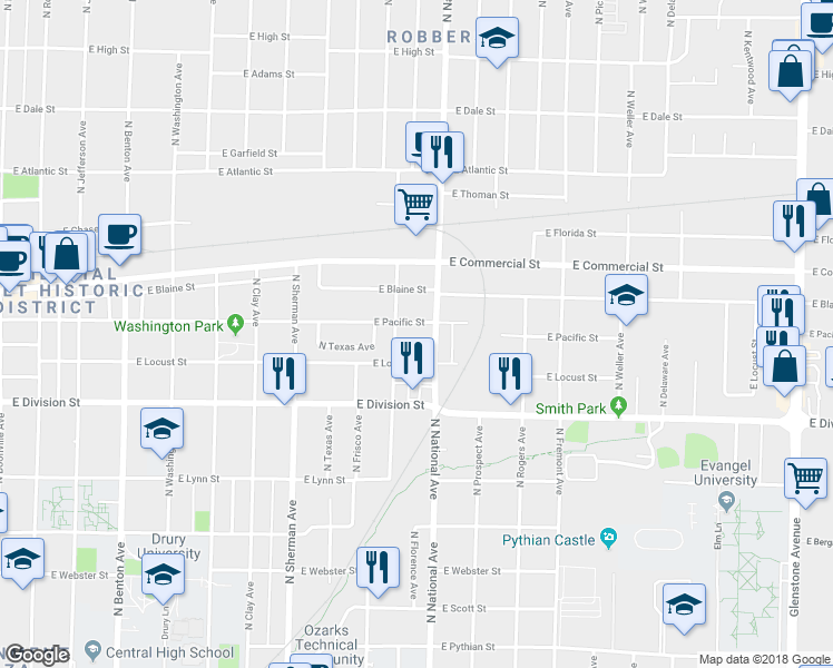map of restaurants, bars, coffee shops, grocery stores, and more near 1120 East Pacific Street in Springfield
