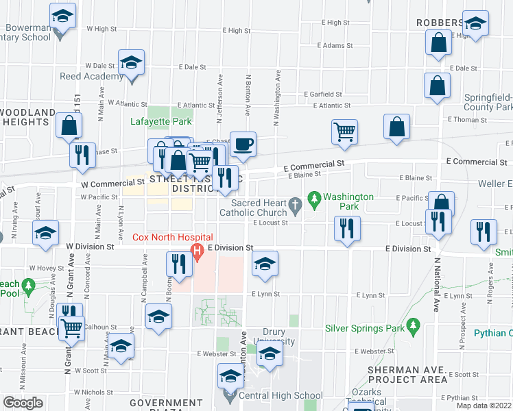 map of restaurants, bars, coffee shops, grocery stores, and more near 1628 North Benton Avenue in Springfield