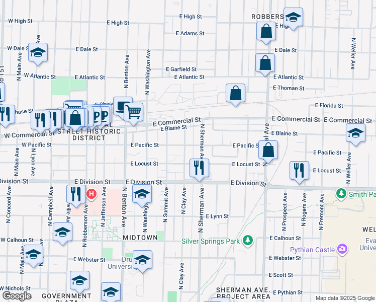 map of restaurants, bars, coffee shops, grocery stores, and more near 1630 North Clay Avenue in Springfield