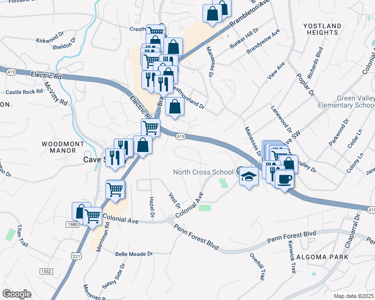 map of restaurants, bars, coffee shops, grocery stores, and more near 4531 Girard Drive in Cave Spring