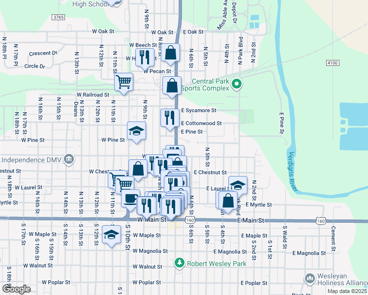 map of restaurants, bars, coffee shops, grocery stores, and more near 500 North Pennsylvania Avenue in Independence