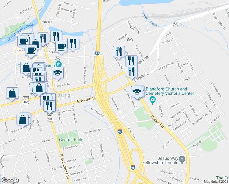 map of restaurants, bars, coffee shops, grocery stores, and more near 515 East Wythe Street in Petersburg