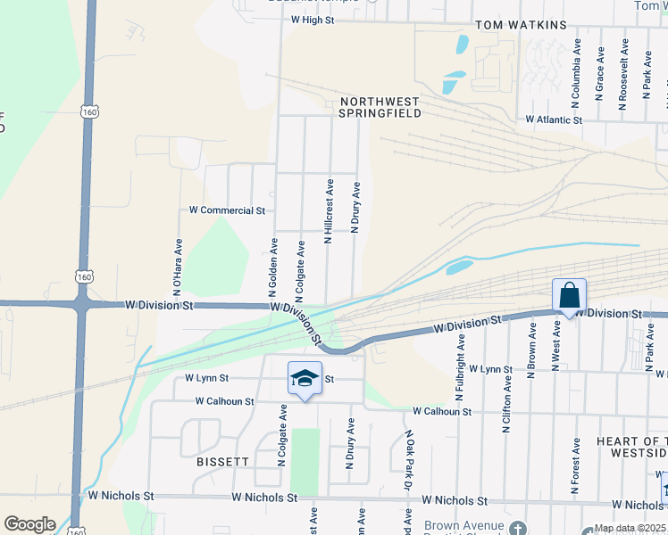 map of restaurants, bars, coffee shops, grocery stores, and more near 1602 North Hillcrest Avenue in Springfield