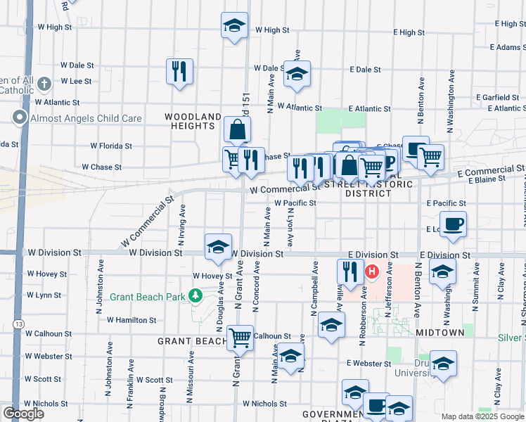 map of restaurants, bars, coffee shops, grocery stores, and more near 1627 North Main Avenue in Springfield