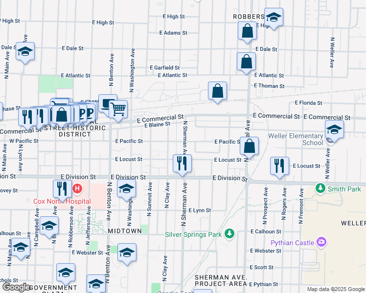 map of restaurants, bars, coffee shops, grocery stores, and more near 1629 North Sherman Avenue in Springfield