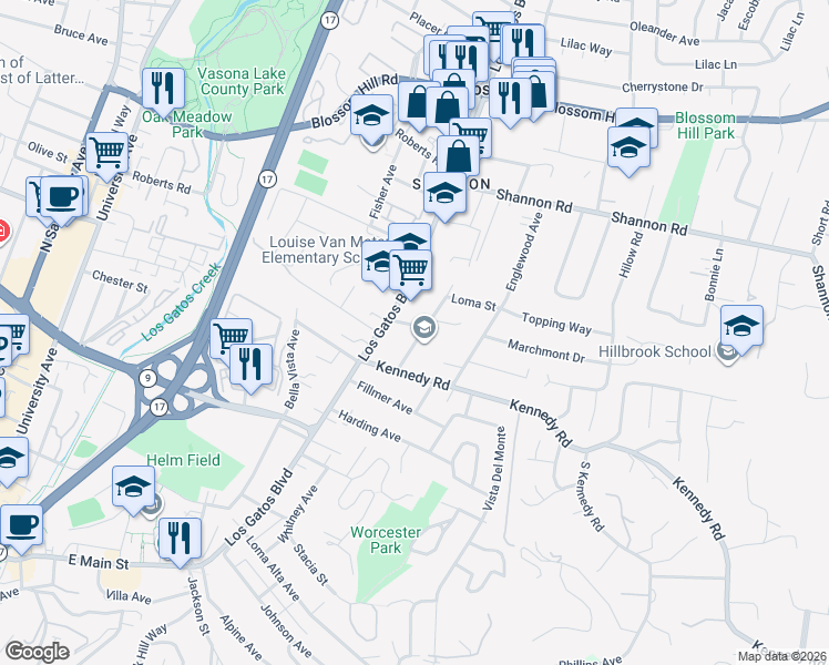 map of restaurants, bars, coffee shops, grocery stores, and more near 16890 Spencer Avenue in Los Gatos