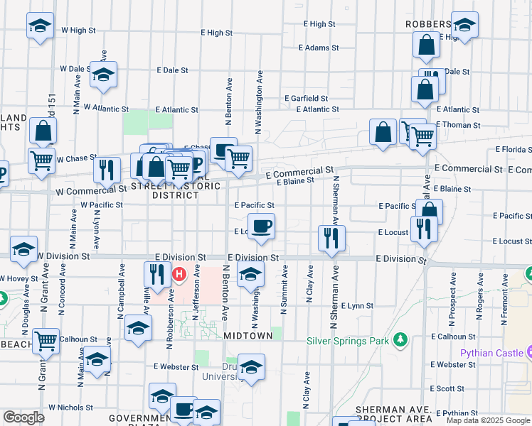 map of restaurants, bars, coffee shops, grocery stores, and more near 610 E Pacific St in Springfield