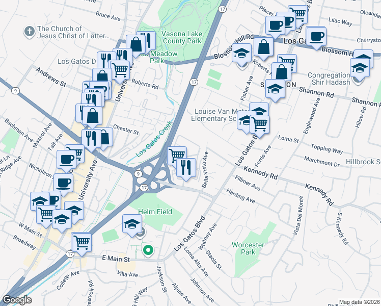 map of restaurants, bars, coffee shops, grocery stores, and more near 198 Cuesta De Los Gatos in Los Gatos