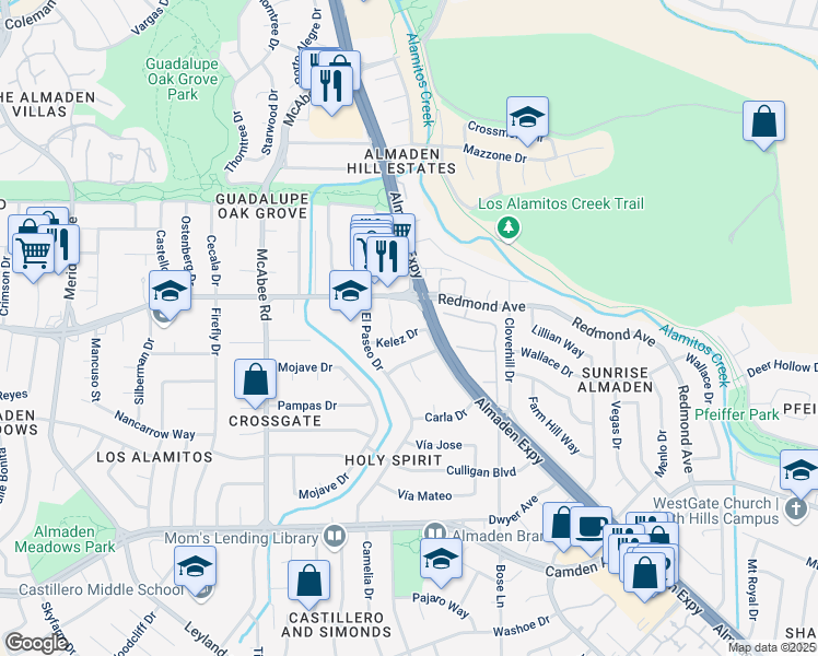 map of restaurants, bars, coffee shops, grocery stores, and more near 1119 Kelez Drive in San Jose