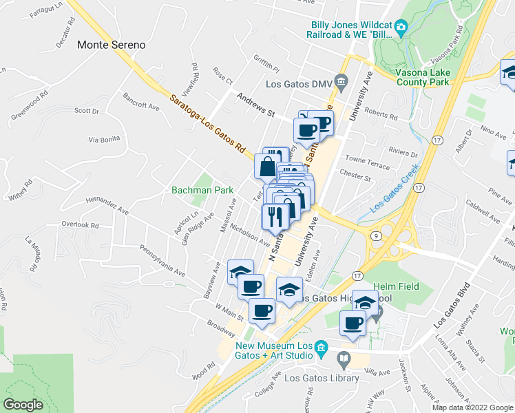 map of restaurants, bars, coffee shops, grocery stores, and more near 252 Bachman Avenue in Los Gatos