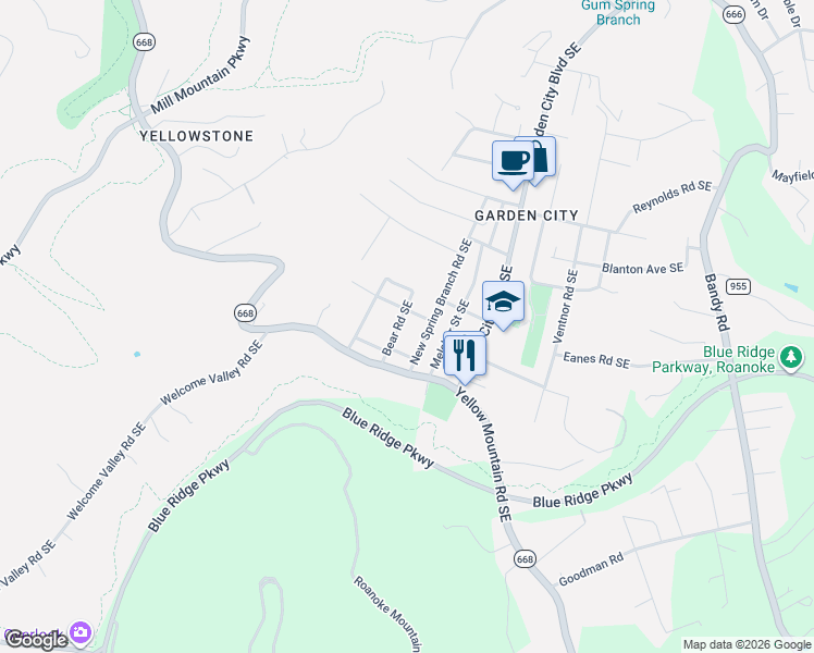 map of restaurants, bars, coffee shops, grocery stores, and more near 3711 Bear Road Southeast in Roanoke