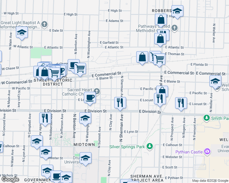 map of restaurants, bars, coffee shops, grocery stores, and more near 1636 North Clay Avenue in Springfield