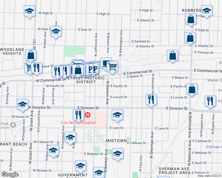map of restaurants, bars, coffee shops, grocery stores, and more near 522 East Pacific Street in Springfield