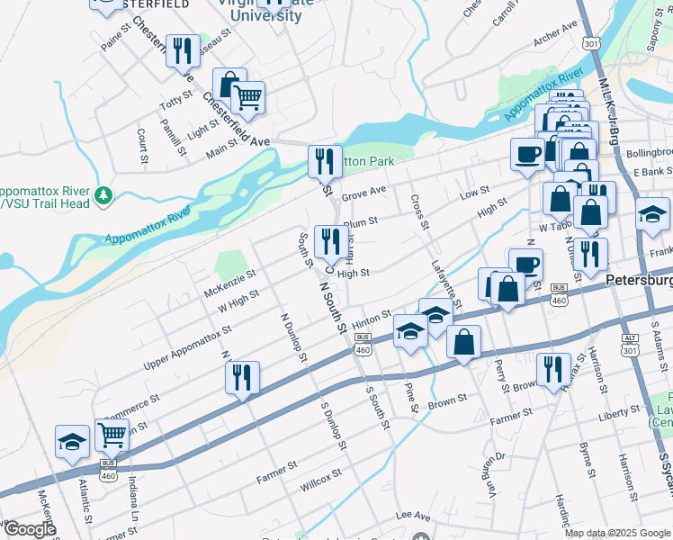 map of restaurants, bars, coffee shops, grocery stores, and more near 715 High Street in Petersburg
