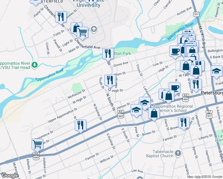 map of restaurants, bars, coffee shops, grocery stores, and more near 715 High Street in Petersburg