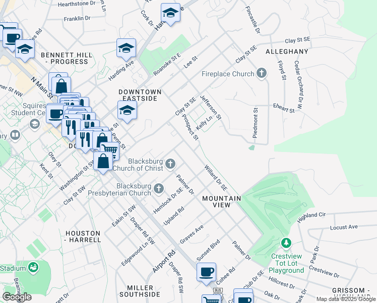 map of restaurants, bars, coffee shops, grocery stores, and more near 606 Willard Drive Southeast in Blacksburg