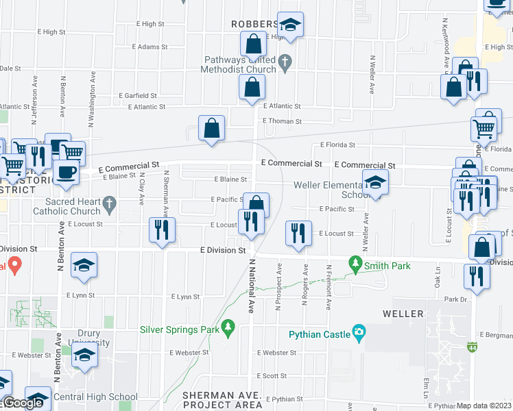 map of restaurants, bars, coffee shops, grocery stores, and more near 1630 North National Avenue in Springfield