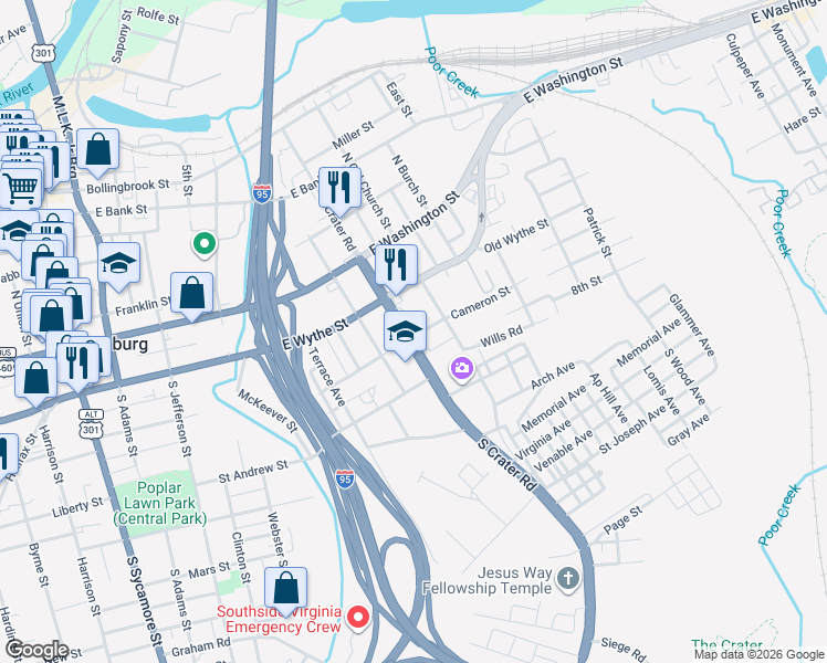 map of restaurants, bars, coffee shops, grocery stores, and more near 131 South Old Church Street in Petersburg