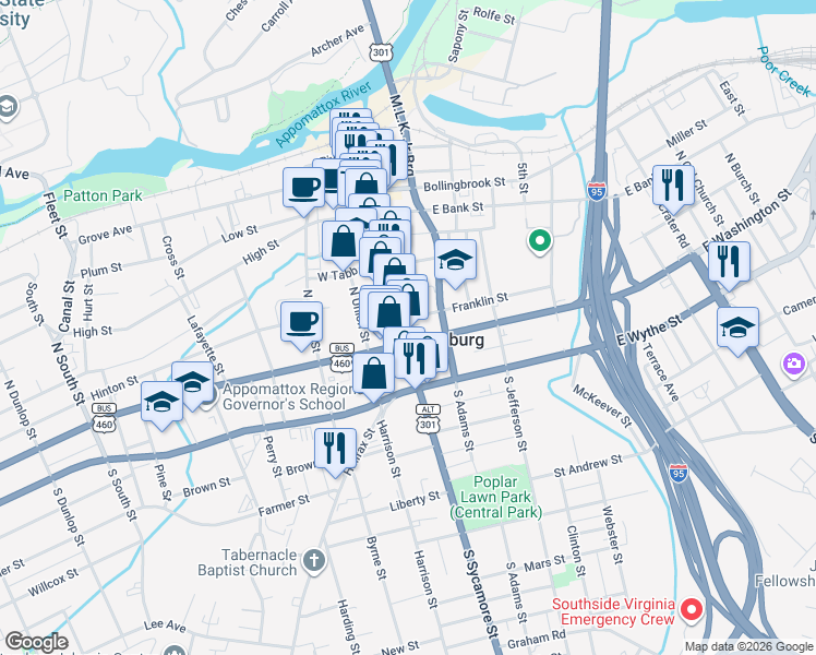 map of restaurants, bars, coffee shops, grocery stores, and more near 14 Franklin Street in Petersburg